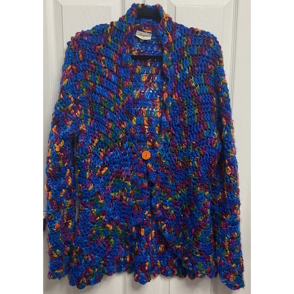 Hand Made Women Crocheted Chunky Cardigan Yarn Sweater Blue Purple Orange M/L